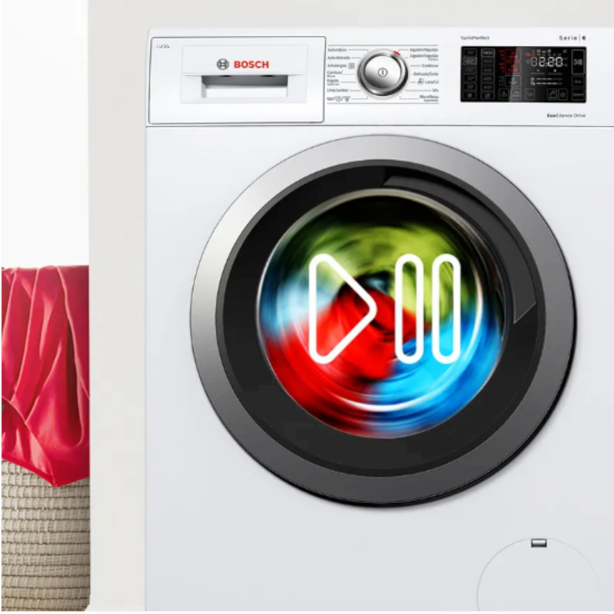 Μπροστινή λήψη του πλυντηρίου δείχνοντας τα σύμβολα έναρξης και παύσης να για τονίσει ότι μπορείς να διακόψεις και να ξαναξεκινήσεις την λειτουργία για να προσθέσεις ρούχα